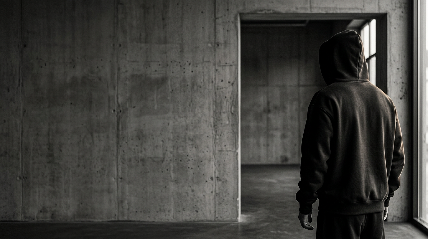 A person in a black hoodie showing up at a quiet concrete gym