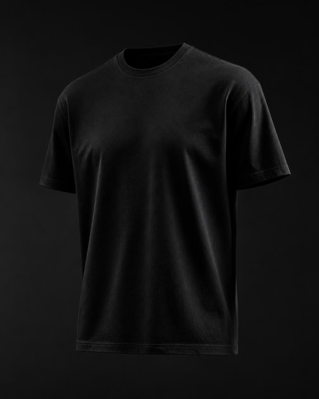 Black Essential Tee — front view, The Mark, Small left-chest embroidery — subtle