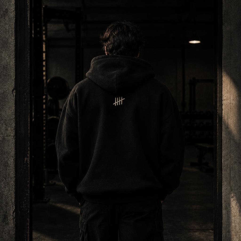 Back view of the black hoodie with the bone-white Drop 001 tally mark, worn by a faceless figure in a dark gym doorway.