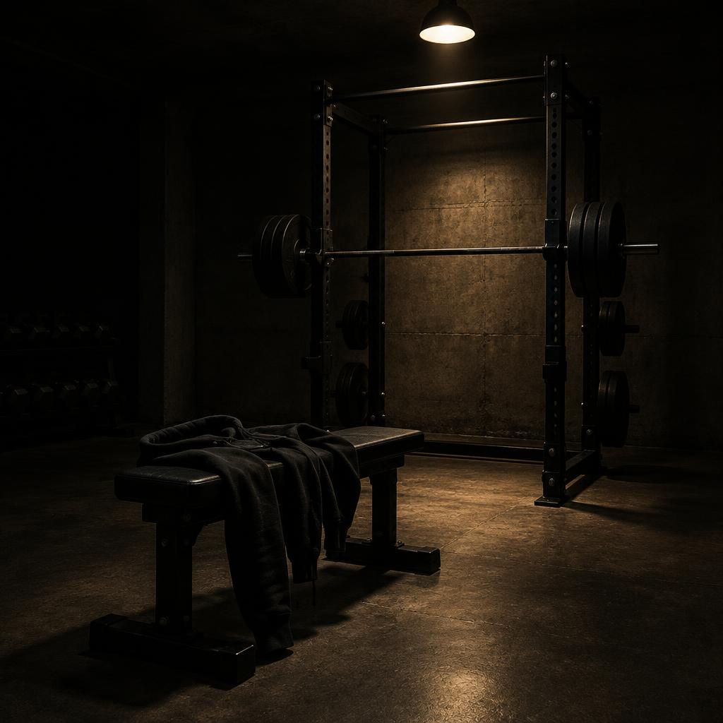 Dark gym at night: empty squat rack under a single light, a black hoodie draped over a bench. No people.